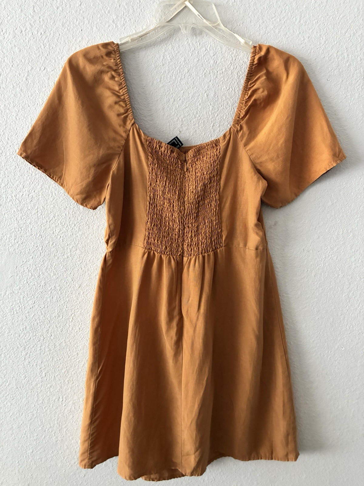 Forever 21 Womens M Brown Solid Smocked Square Neck Short Sleeve Mini Zip