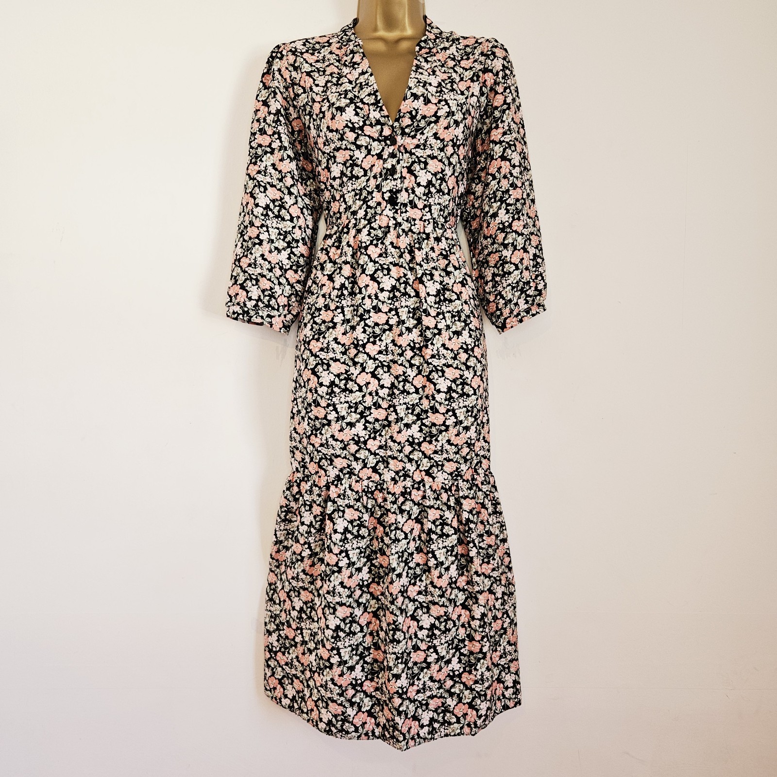 NEW Ex ROMAN 12-22 Black Pink Floral Printed Button Front Midi Tea Dress