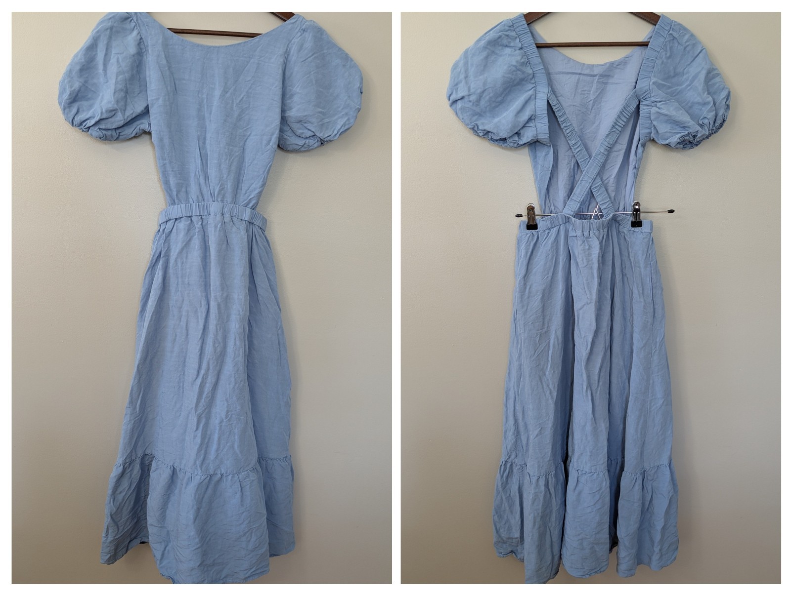 ASTR the Label Tiered Midi Dress Medium Linen Peasant Boho Cutout Puff Sleeve