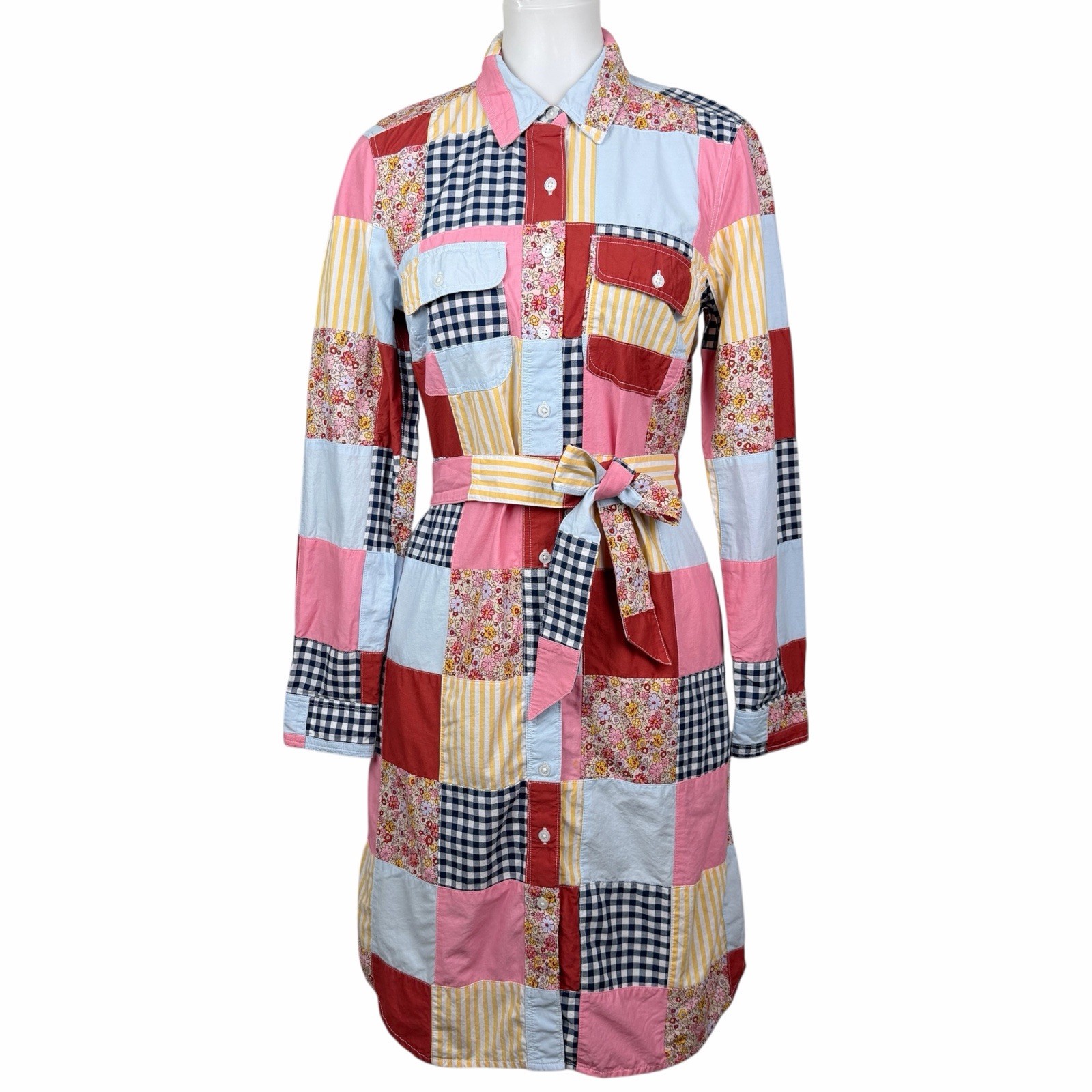 Lands End Patchwork Dress Womens Small Western Cottagecore Button Up Long Sleeve