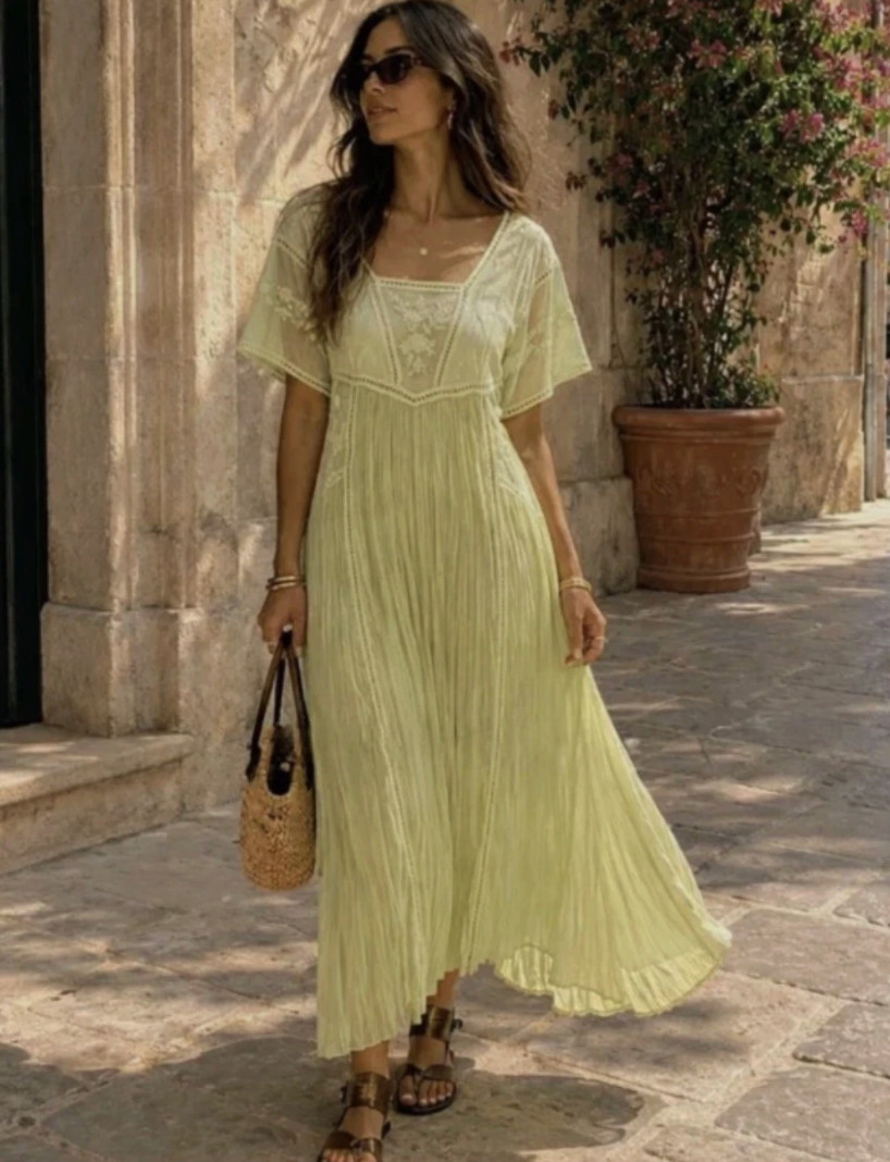 ZARA Woman 2026 Pistachio Embroidered Pleated Midi Dress Size L 7521/063