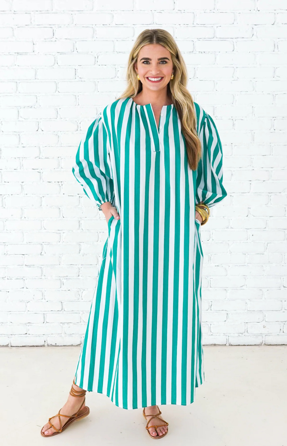 Caryn Lawn Cabana Maxi Dress One Size Green White Striped Cotton