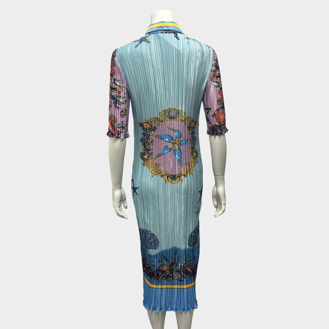Versace Pleated Blue Starfish-Print Shirt Maxi Dress, Size UK10