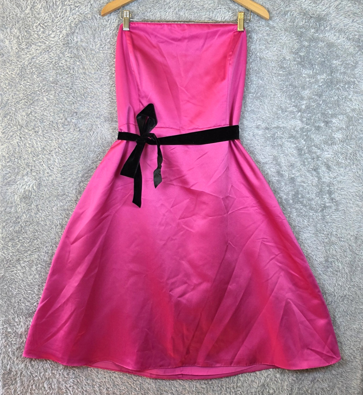 Alfred Angelo Hot Pink Satin Strapless Cocktail Dress Black Velvet Bow Sash 14