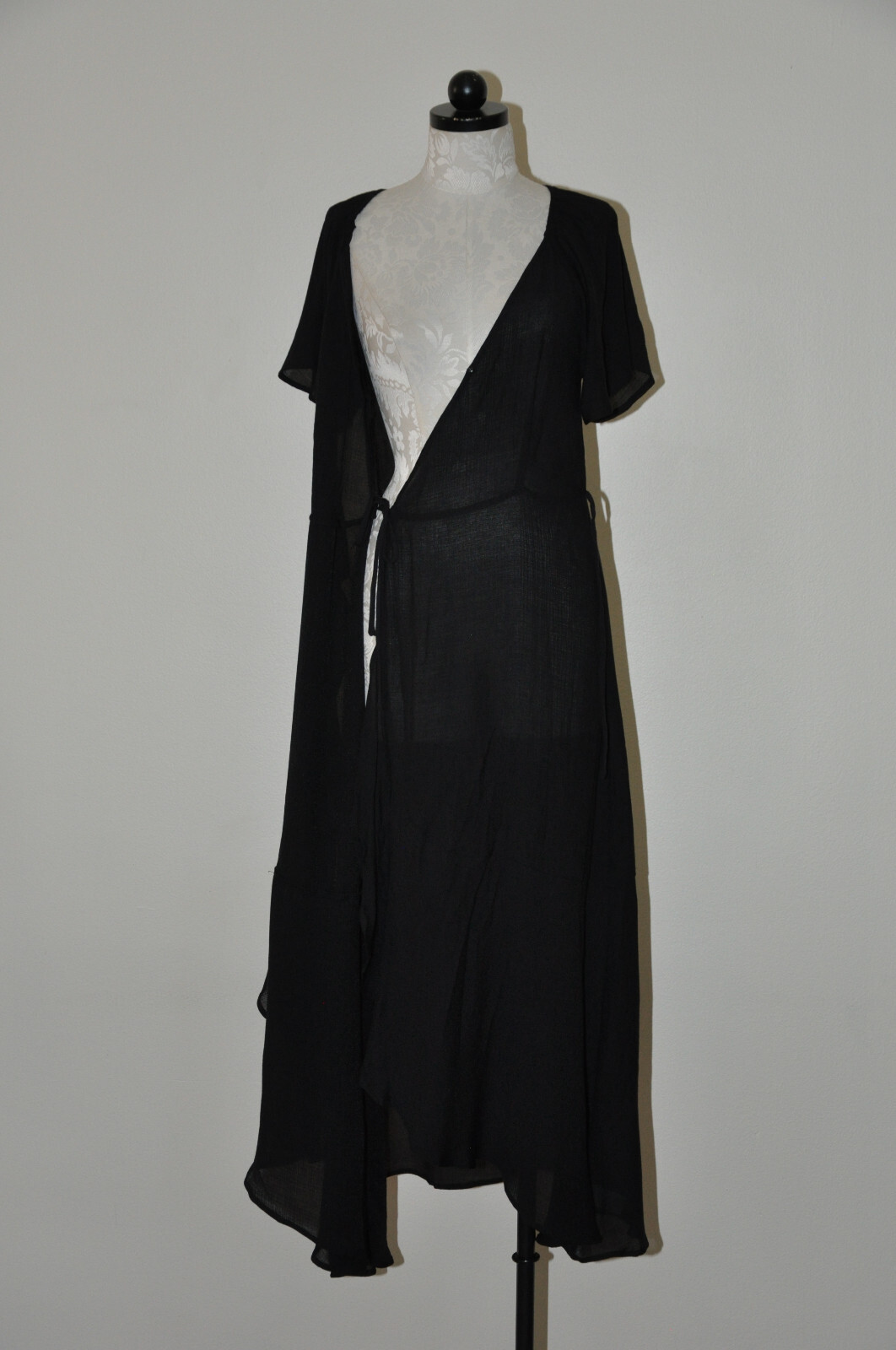 Lush Black Cotton Gauze Sheer Plunging Neckline Long Maxi Wrap Dress LBD Women M