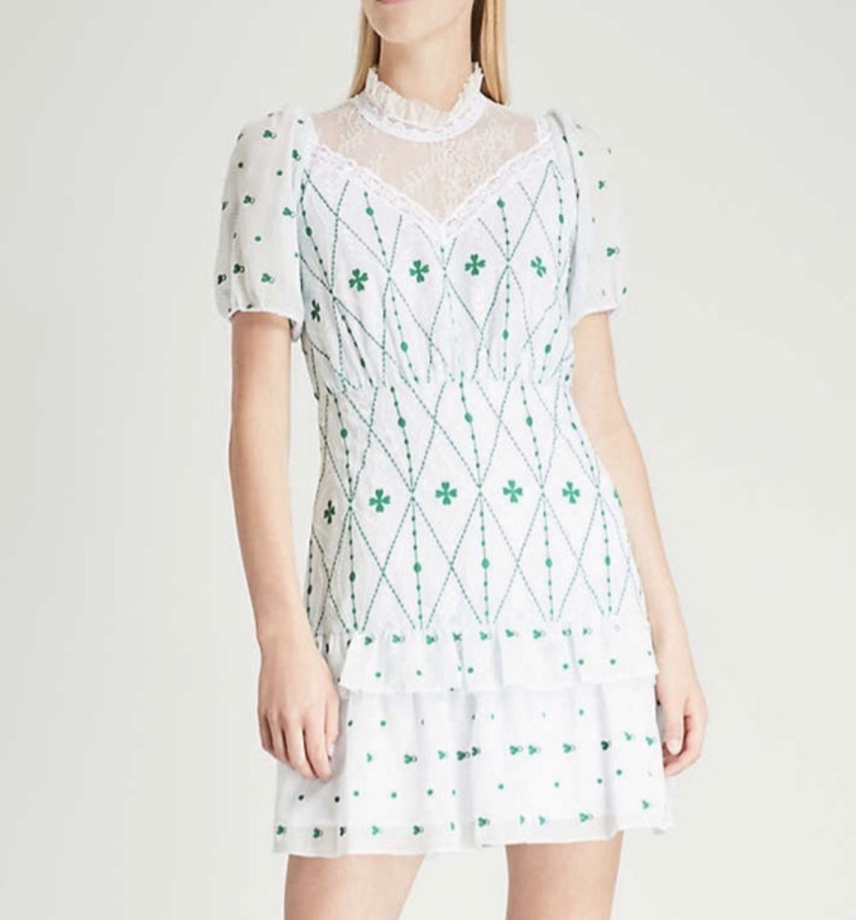 Sandro Paris White Green Floral Lace Ruffle Puff Sleeve Mini Dress Size 36 us 4