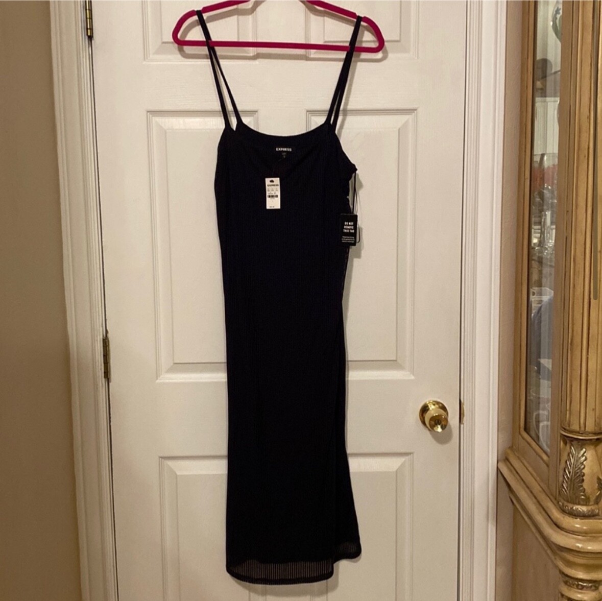 NWT Express black ribbed square neck dress, size L, lined, side slit, stretchy
