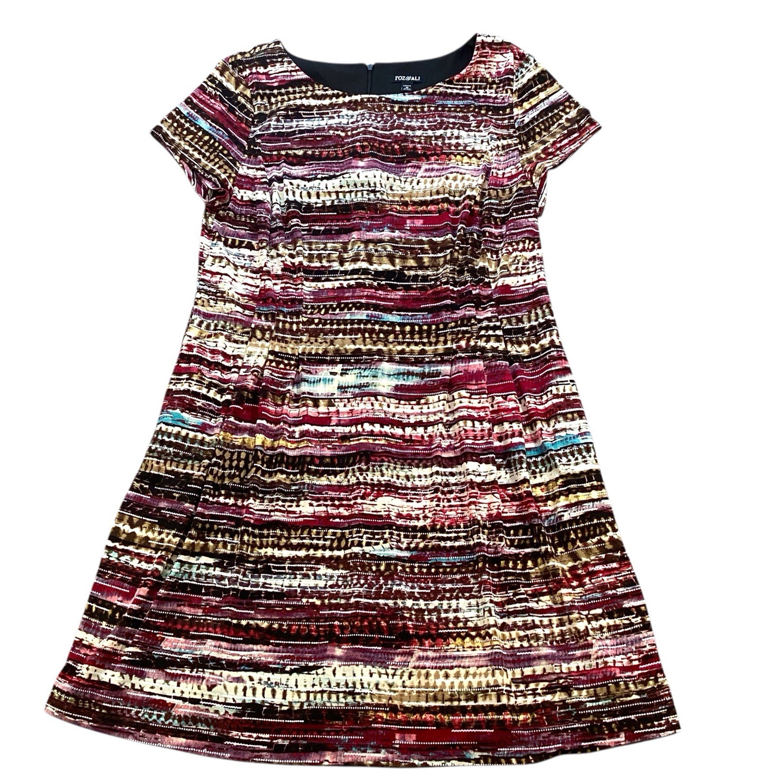 Roz & Ali Dress XL Swing Round Neck Multi Color Stretch Short Sleeve Casual