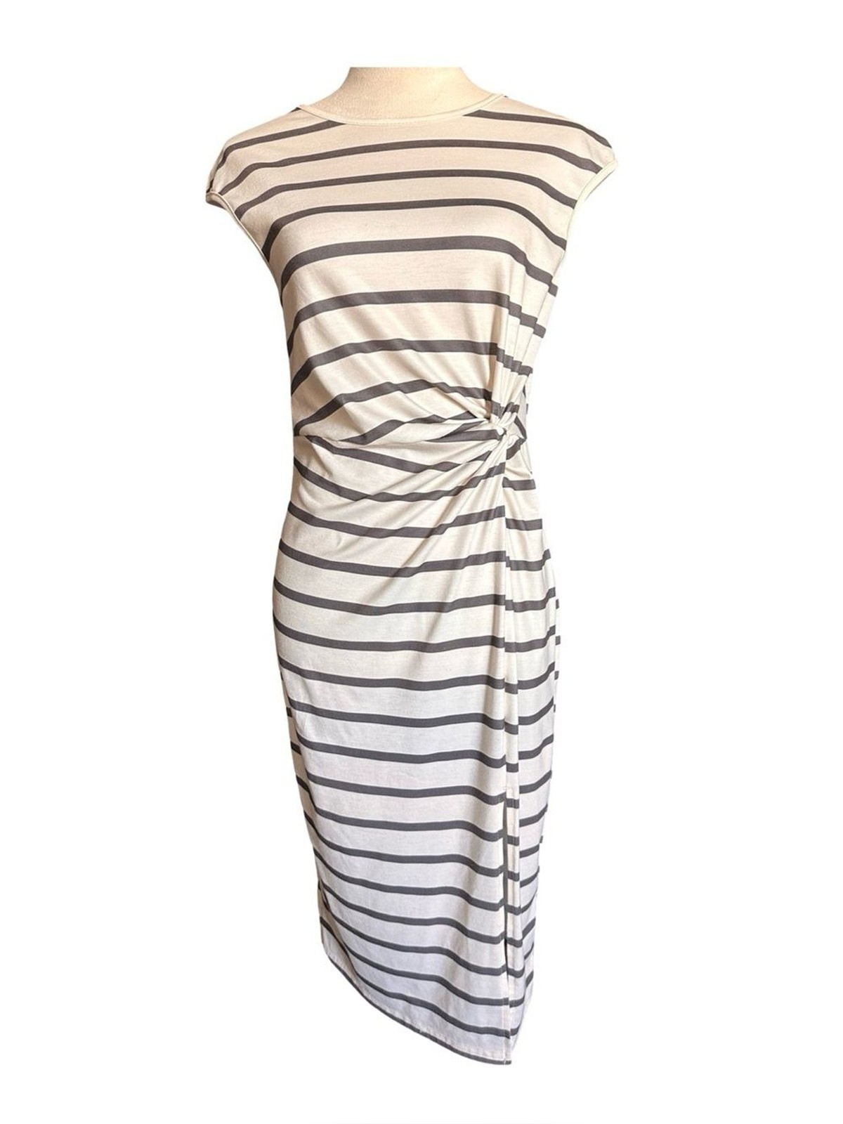 Striped Knot-Side Sheath Dress in Cream and Gray Midi soft NWOT classy