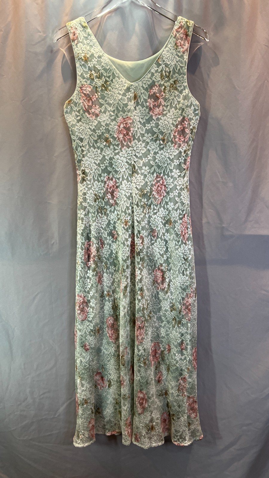Connected Apparel Maxi Dress Womens 10 Green Floral Lace Sheer Overlay Romantic