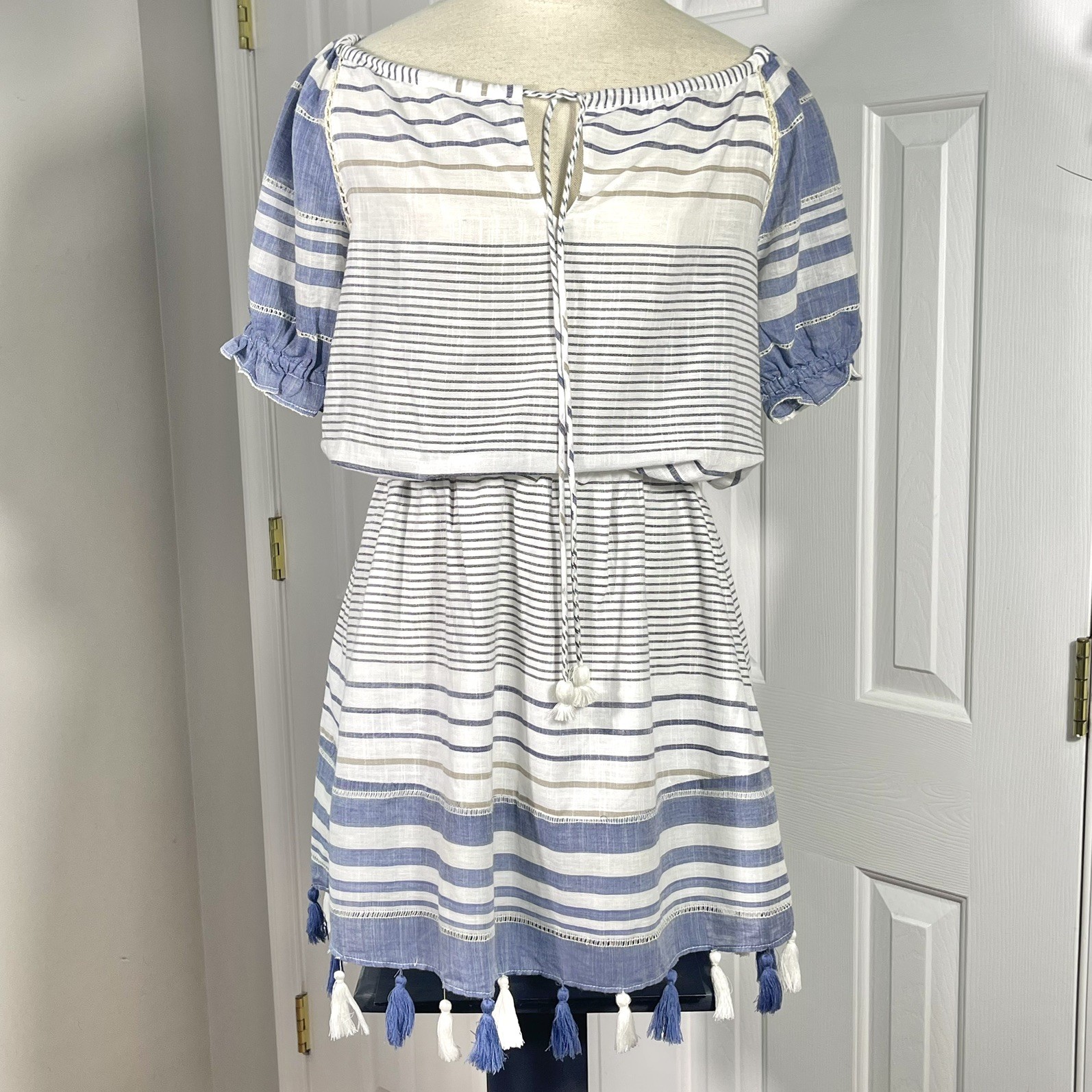 SAYLOR Valeria Blue White Black Striped Cotton Mini Dress Tassel Hem Size Small