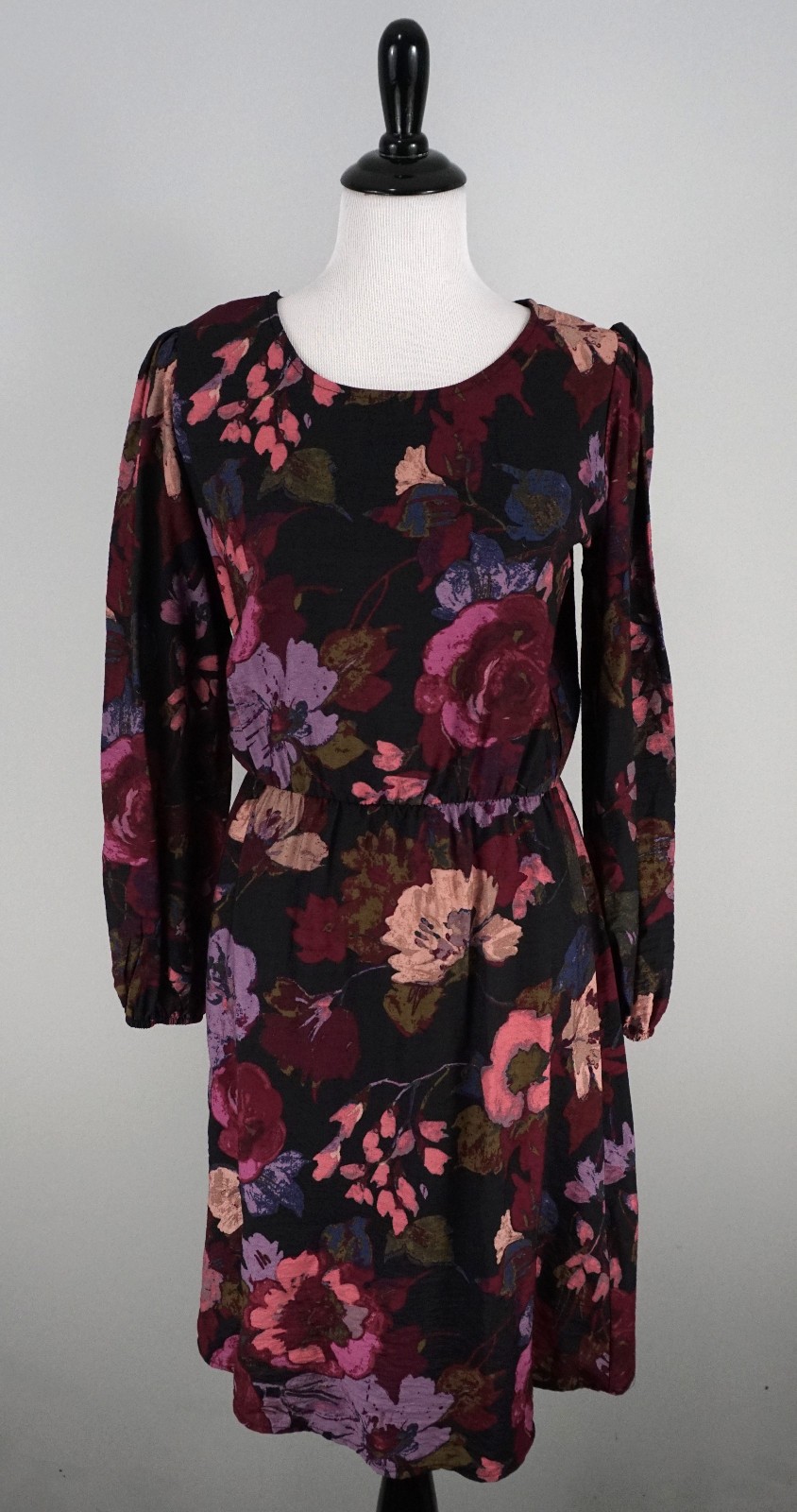 New Betsey’s Boutique Black Pink Purple Floral Long Sleeve A-Line Dress Small