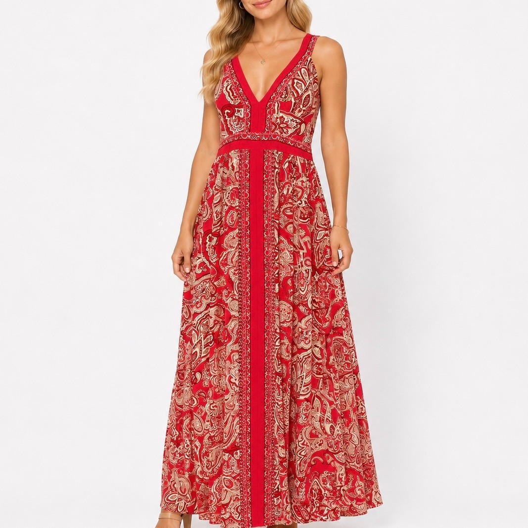 INC M Red Paisley Maxi Dress Empire Waist Boho Chic Resort Wear Party Vacation