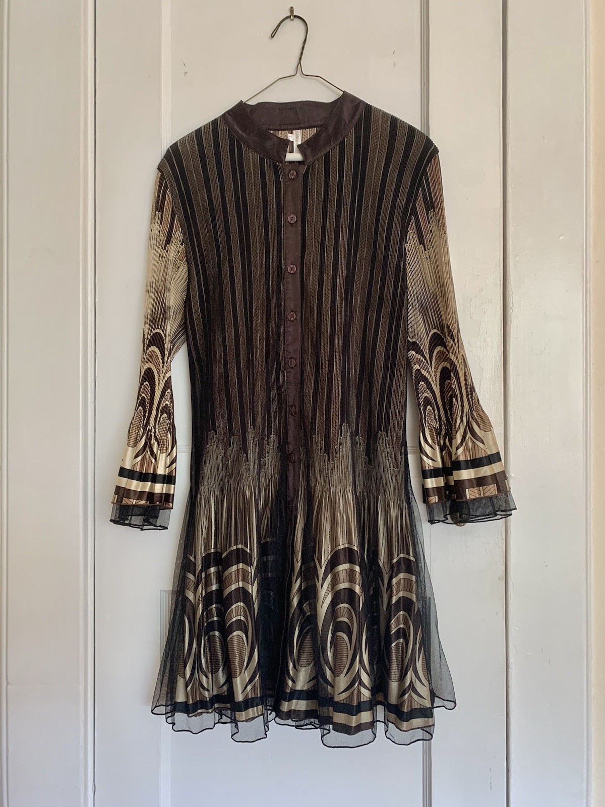 Pleated Dress In Art Deco Gold/Brown/Black With Satin Trim, 3/4 Sleeve, Size L