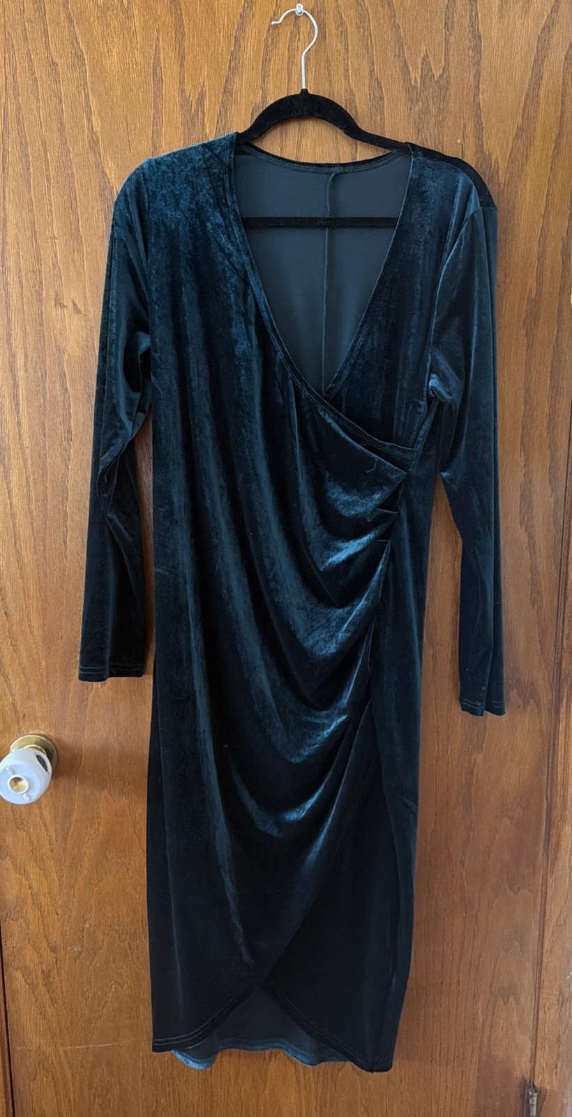 Women’s Emerald Green Velvet Velour Long Sleeve Holiday Cocktail Wrap Dress Sz L
