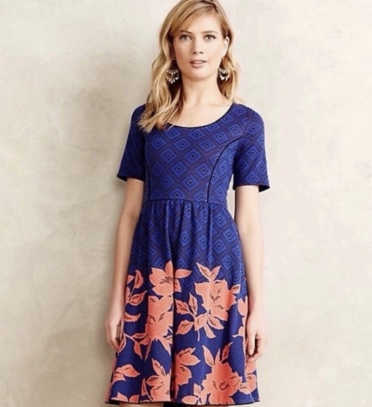 Anthropologie HD Paris Blushed Blooms S Dress Jacquard Fit Flare Floral Retro