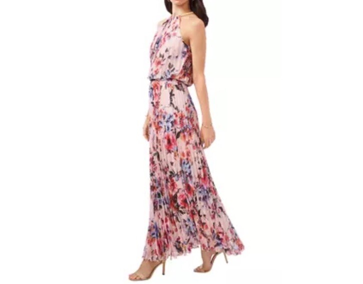 MSK Pink Pleated Elastic Waist Back Cut Out Floral Sleeveless Gold Halter Size 6
