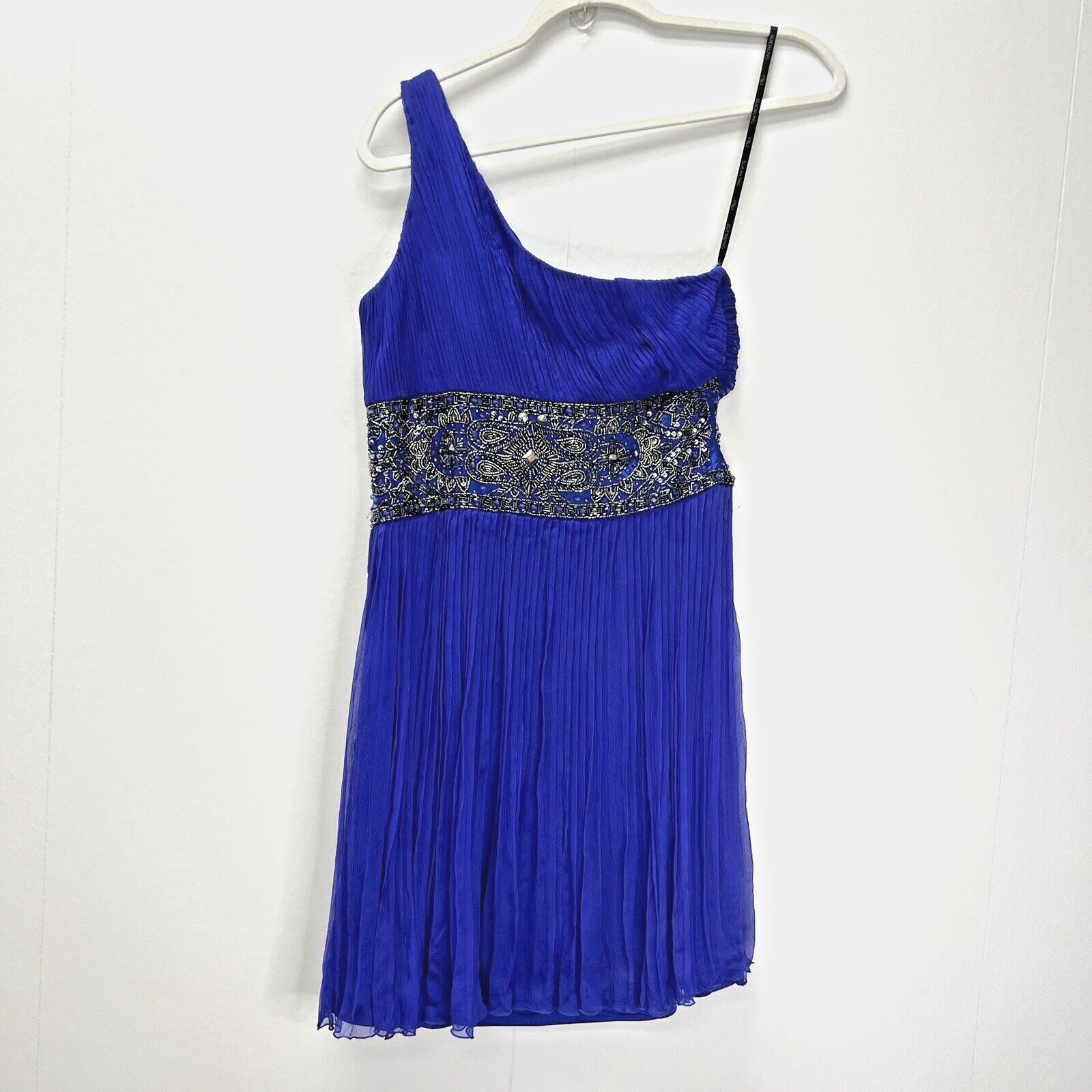 Sue Wong Nocturne Blue Silk Beaded Sequin Embellished One Shoulder Mini Dress 6