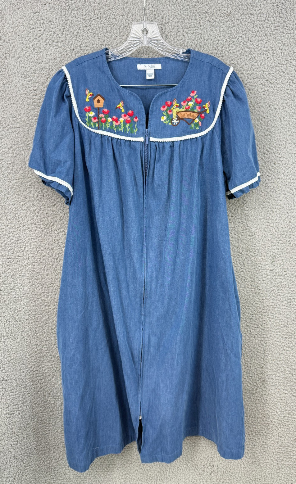 Go Softly Patio House Dress Denim Floral Muumuu Embroidered Wrinkle Resistant L