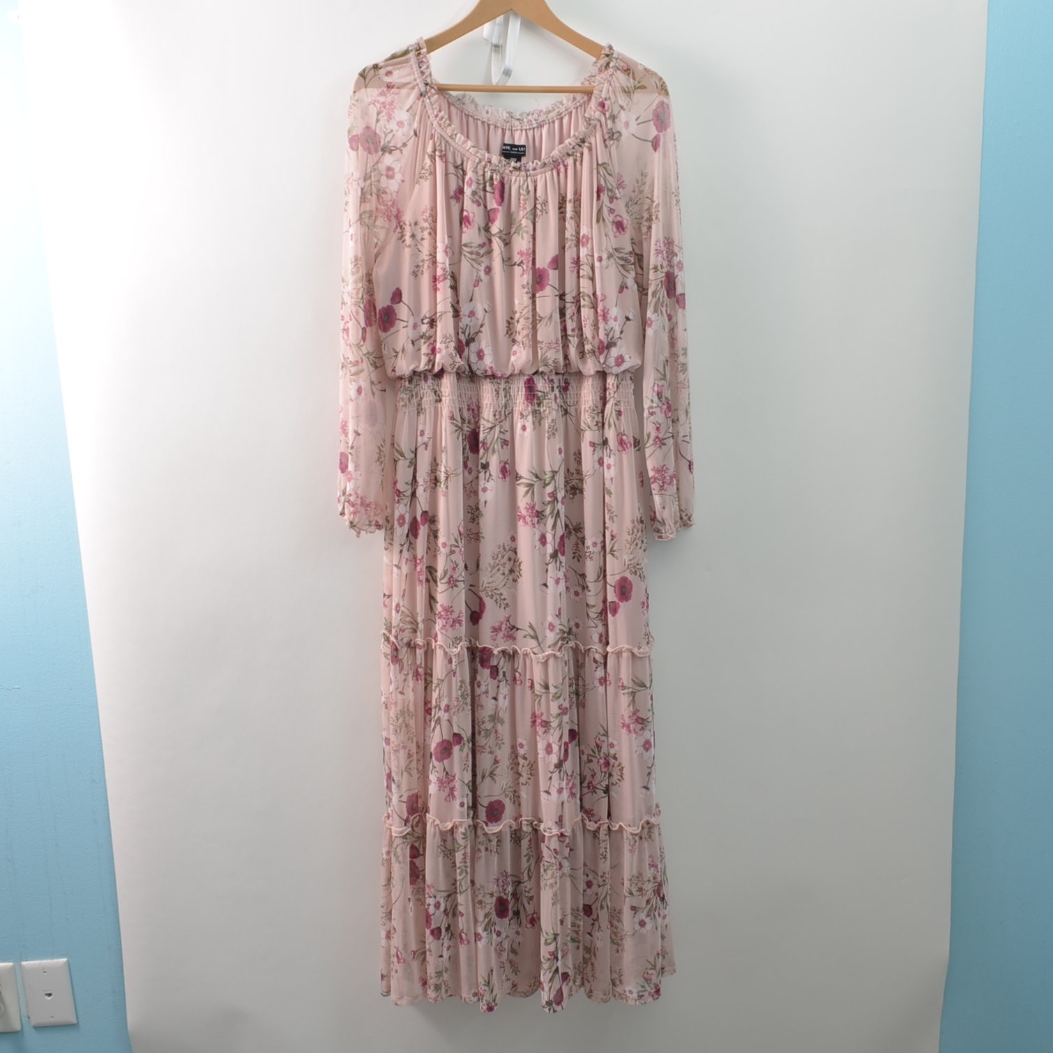 Kate And Lily Womens 18W Tiered Maxi A-Line Pink Woven Stretch Polyester Blend