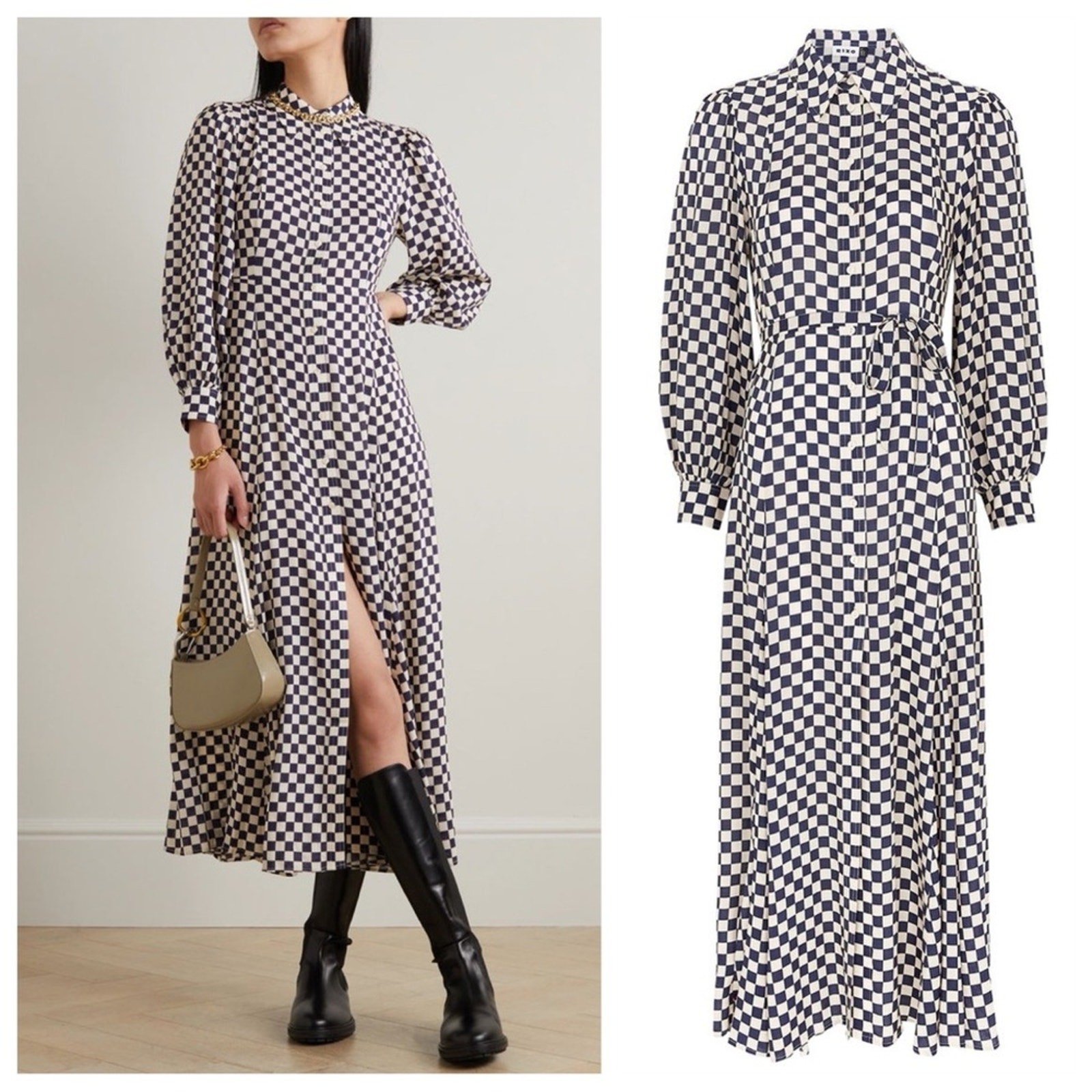 NEW RIXO Maddison Shirtdress (Sz XS) Long Sleeve Midi Navy Cream Checkerboard
