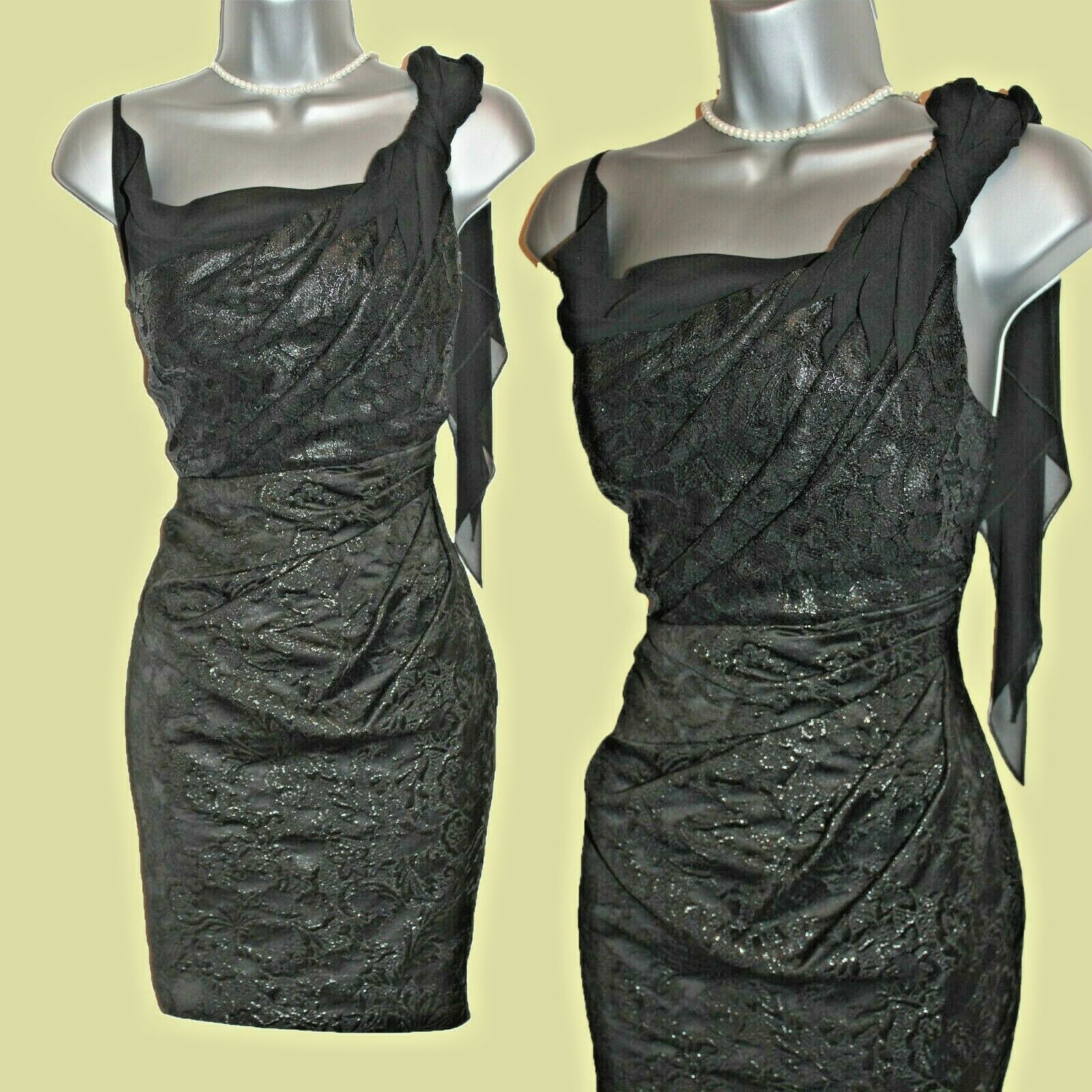 Karen Millen UK 10 Metallic Jacquard Black Lace Chiffon Drape Neck Dress EU 38