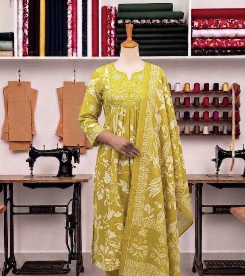 Green Floral Hand Printed Cotton Ethnic wear Women’s Kurta Pant Duppta Dress Set