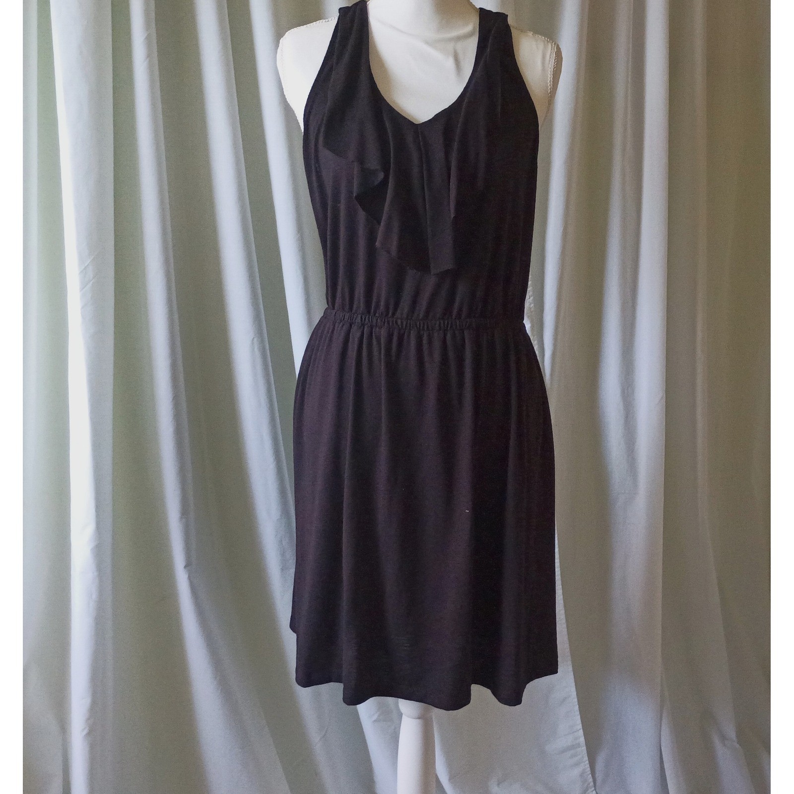 Nicole Miller New York Black Ruffle V-Neck Elastic Waist Milkmaid Dress Large