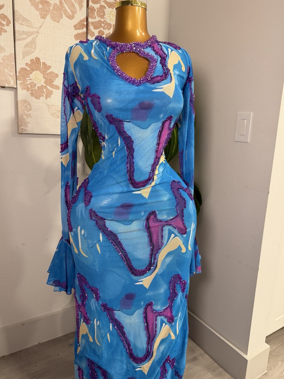 Women’s Abstract Print Blue Purple Beige Maxi Bodycon Dress L/S Stretch Ruffle