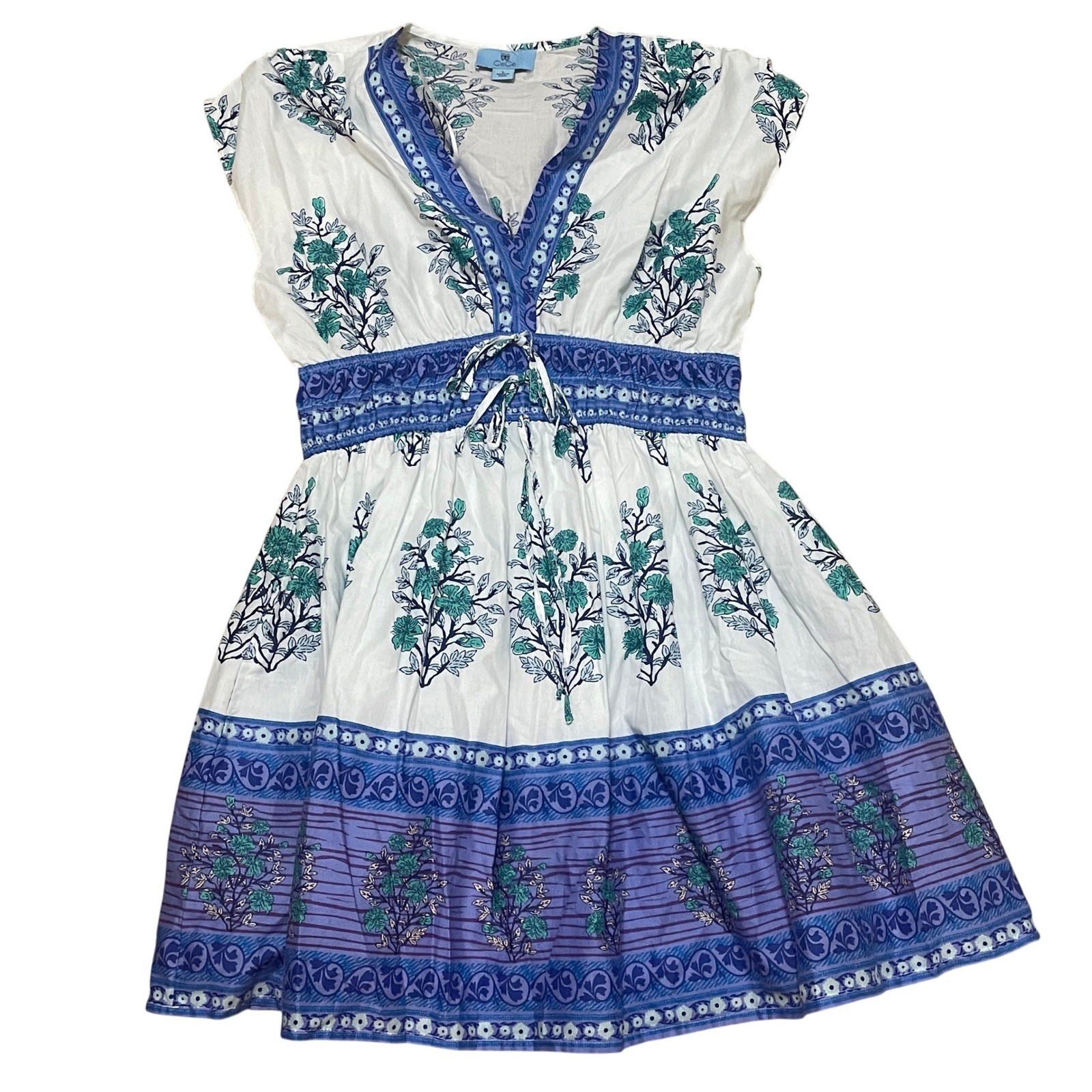 CeCe Women’s Small Dainty Blue White Floral Print V Neck Smocked Waist Dress NWT