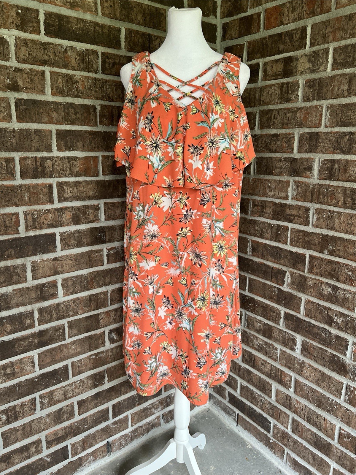 Est 1946 Women Overlay Tank Orange Yellow Floral Dress 14/16W Lined Bohemian