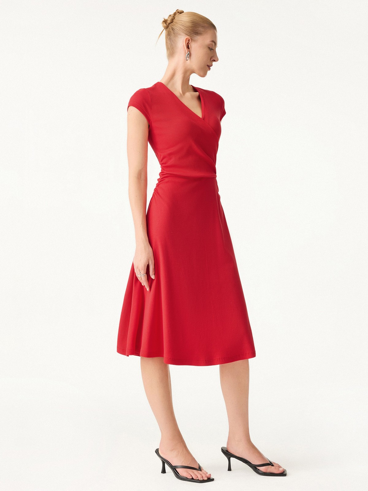 Stretch Cotton Surplice V-neck Cap Sleeve Midi Dress-OGLmove|118829