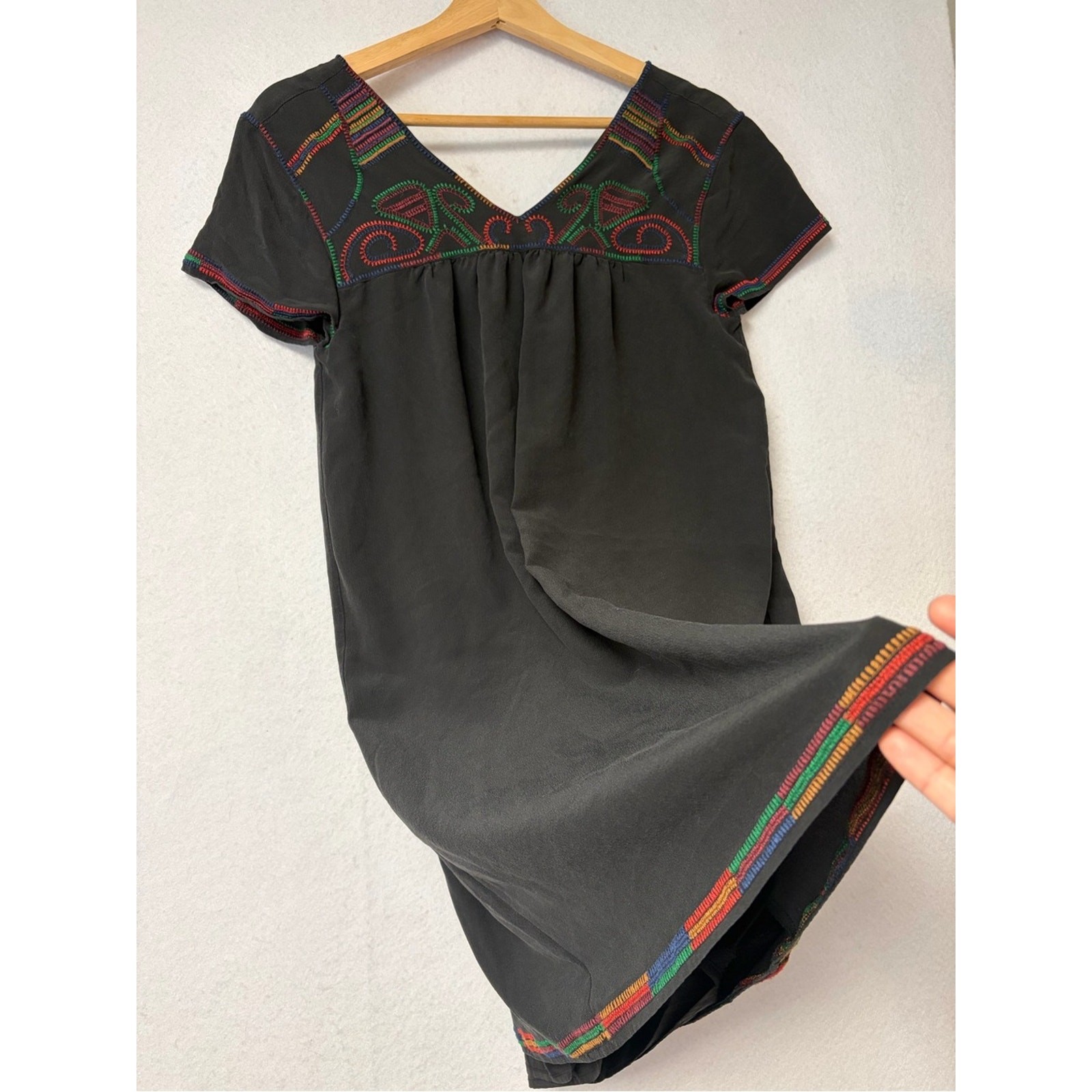 Madewell 100% Silk Embroidered Shift Dress Black Multicolor Boho Artisan Small