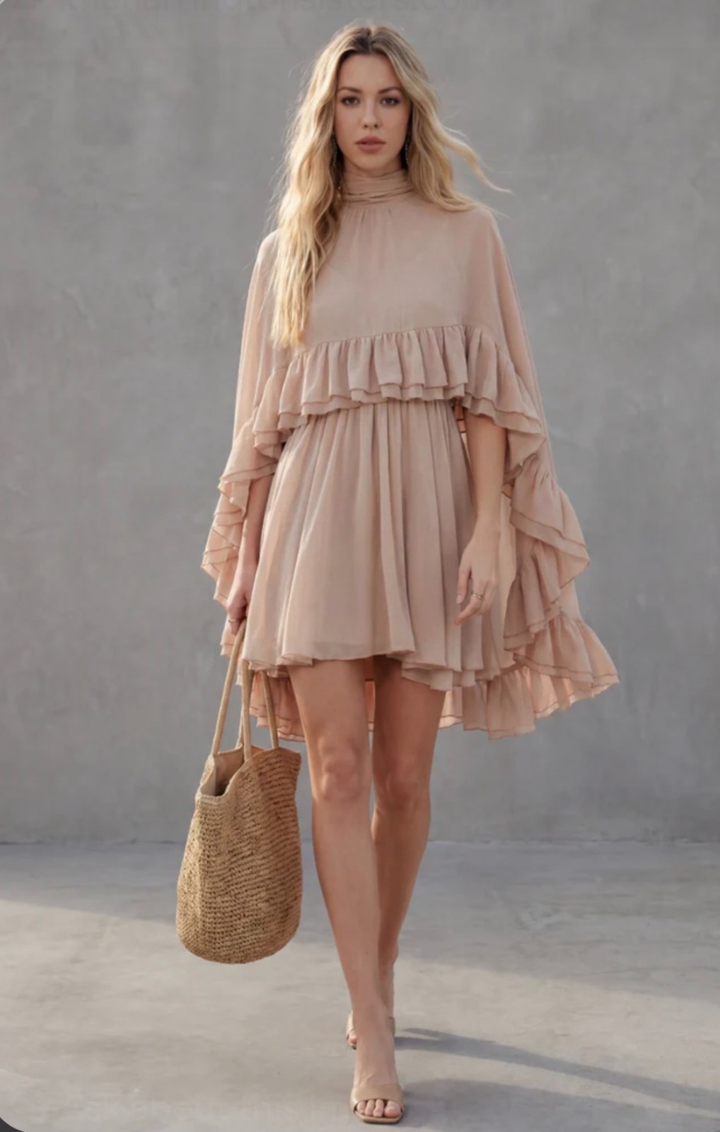 Commense Semi-Sheer Chiffon Ruffle 2PCS Dress with Capet Set Size L