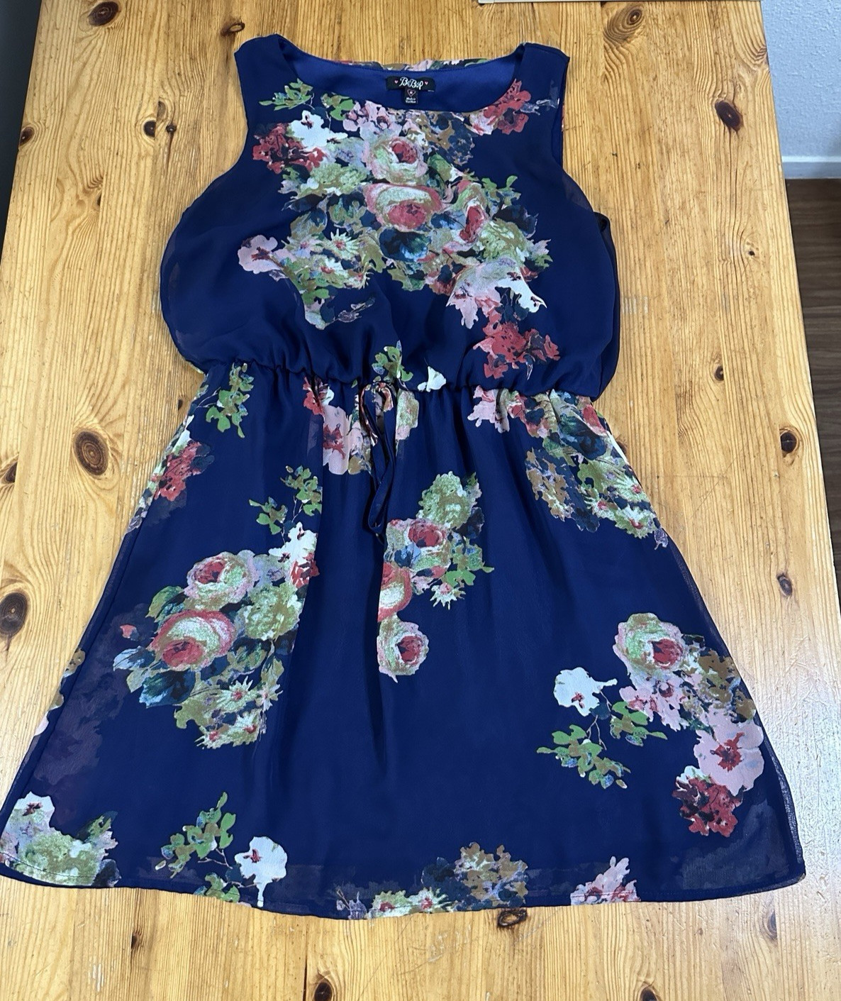 BeBop Blue Floral Chiffon Sleeveless Mini Dress Elastic Waist Size M Boho flowy