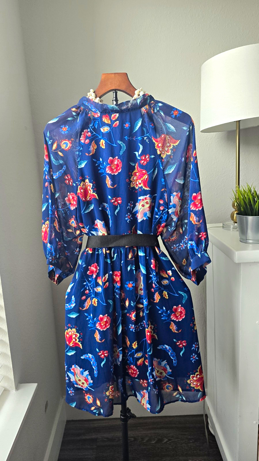 LC Waikiki Vision M Navy Blue Floral Dress Turkish Boho Bow Tie Ruffle Balloon