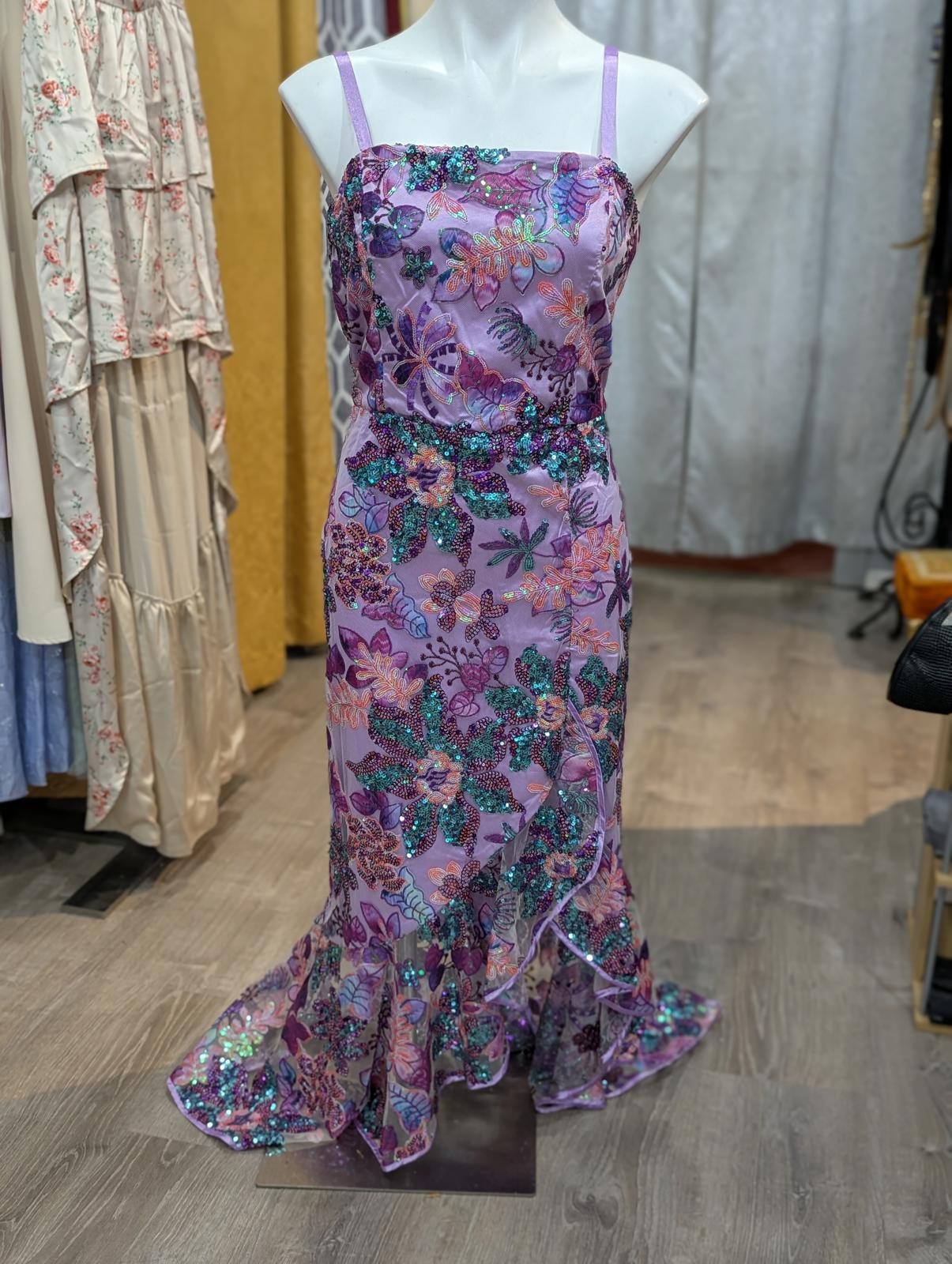 Embroidered Sequin Mesh Ruffle Slit Midi Dress