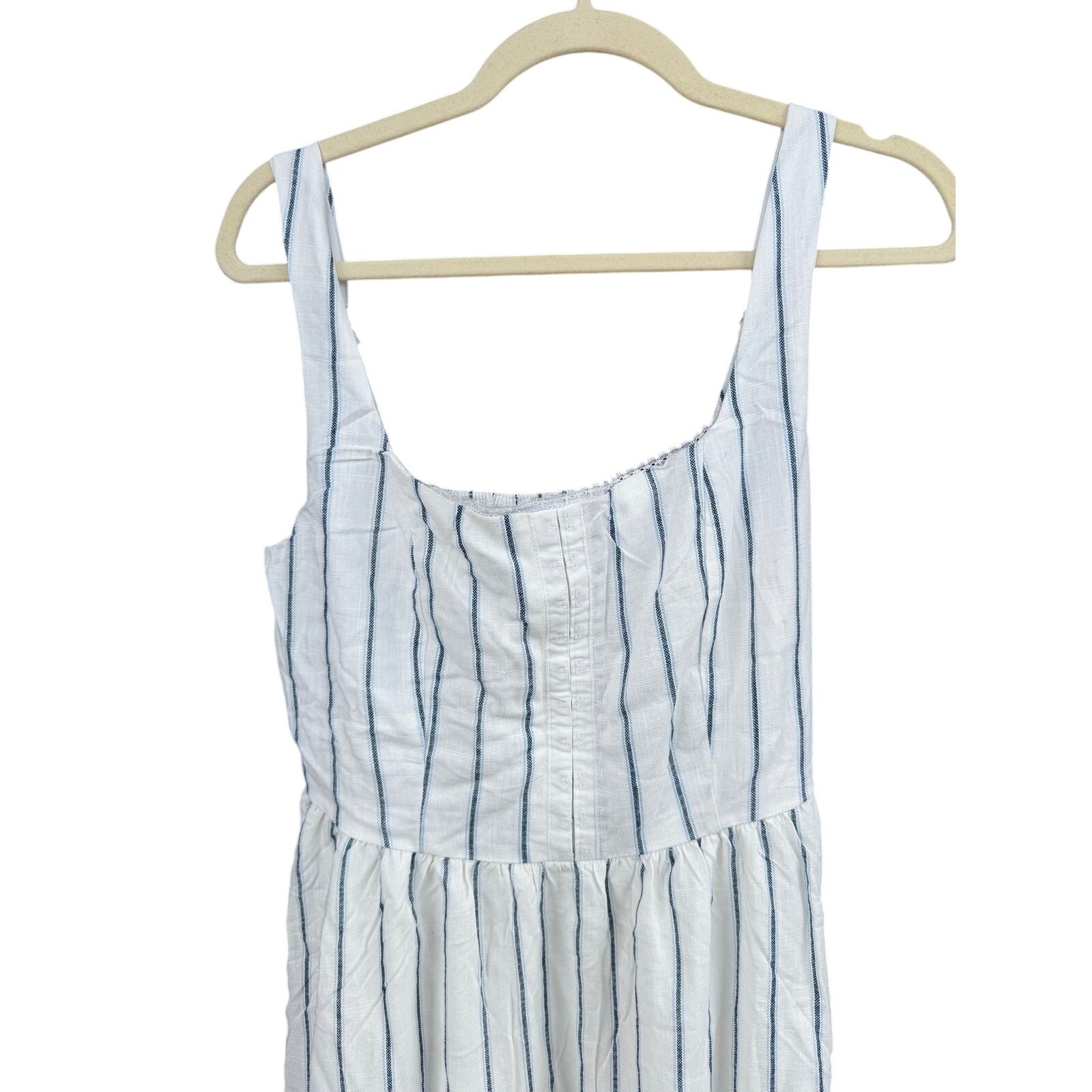 The Workshop Ella Stripe Midi Dress Front Hook Linen Blend Medium M NWT