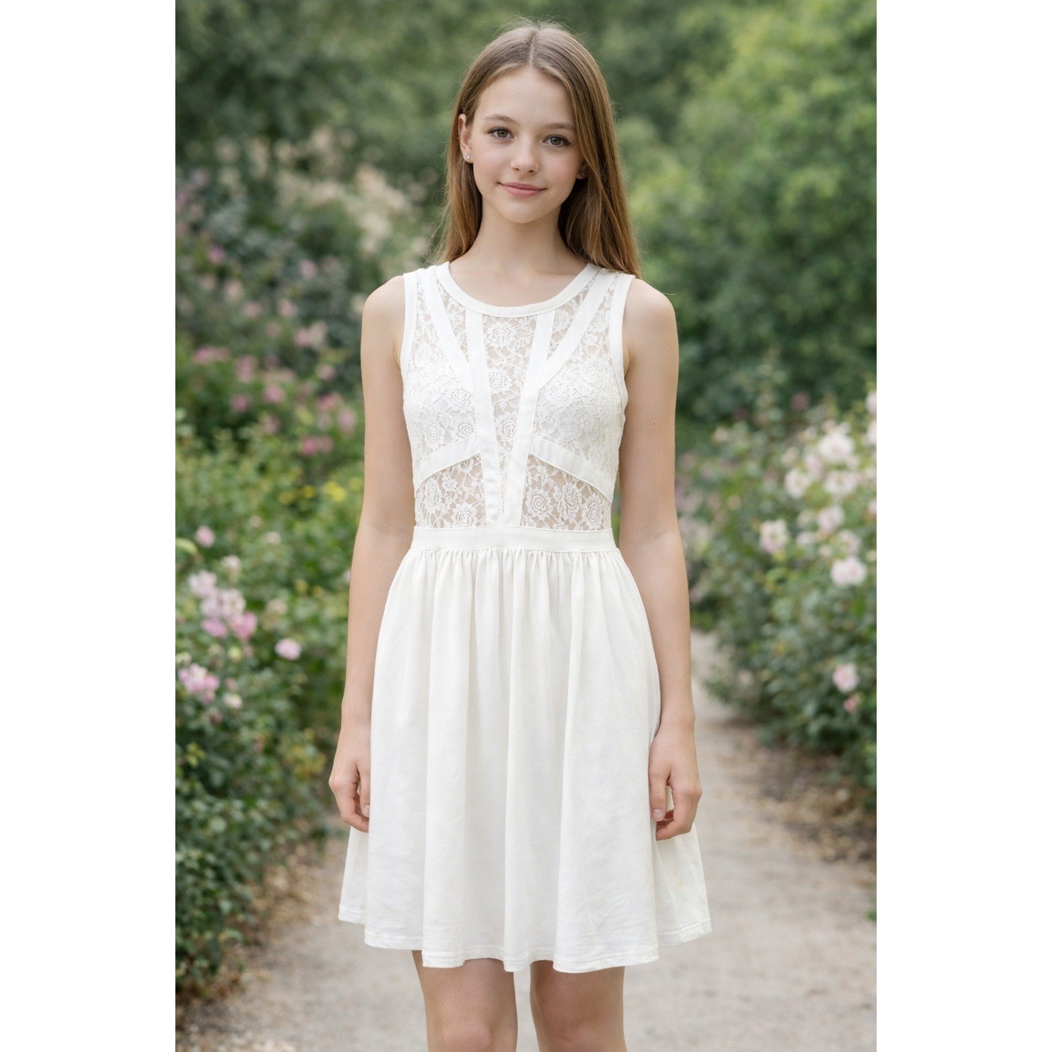 It Girl Crochet Dress Women’s Size M Floral Lace Pleated Sleeveless Boho White