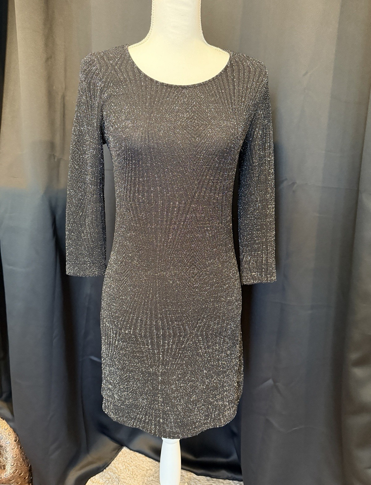 Trixxi Clothing Company Black Silver Glitter Knit Sheath Scoop Neck 3/4 M