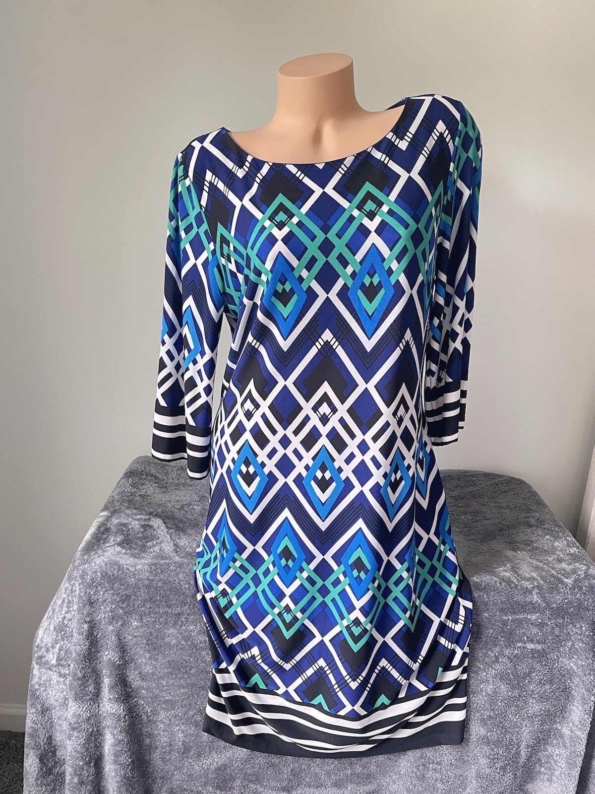 Geometric Sheath Dress XL 14 Stretch Knit Blue Green Retro Mod 3/4 Sleeve Bateau