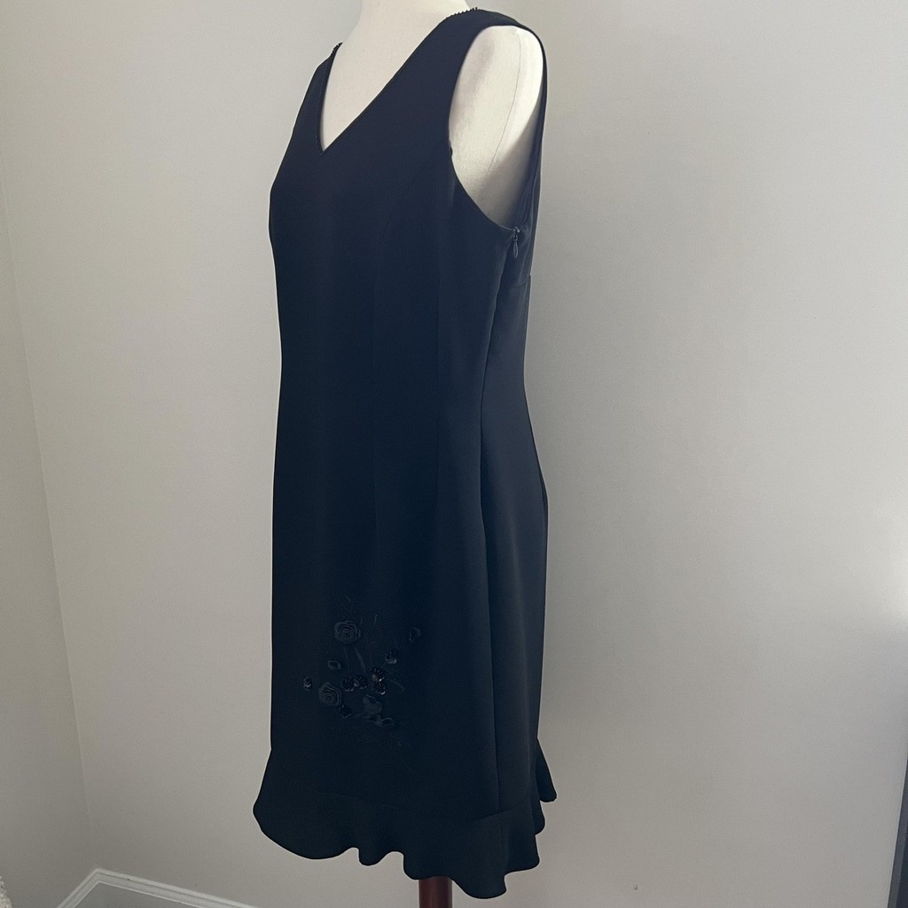 Black V Neck Mini Dress Floral Appliqué Ruffle Hem Romantic Chic