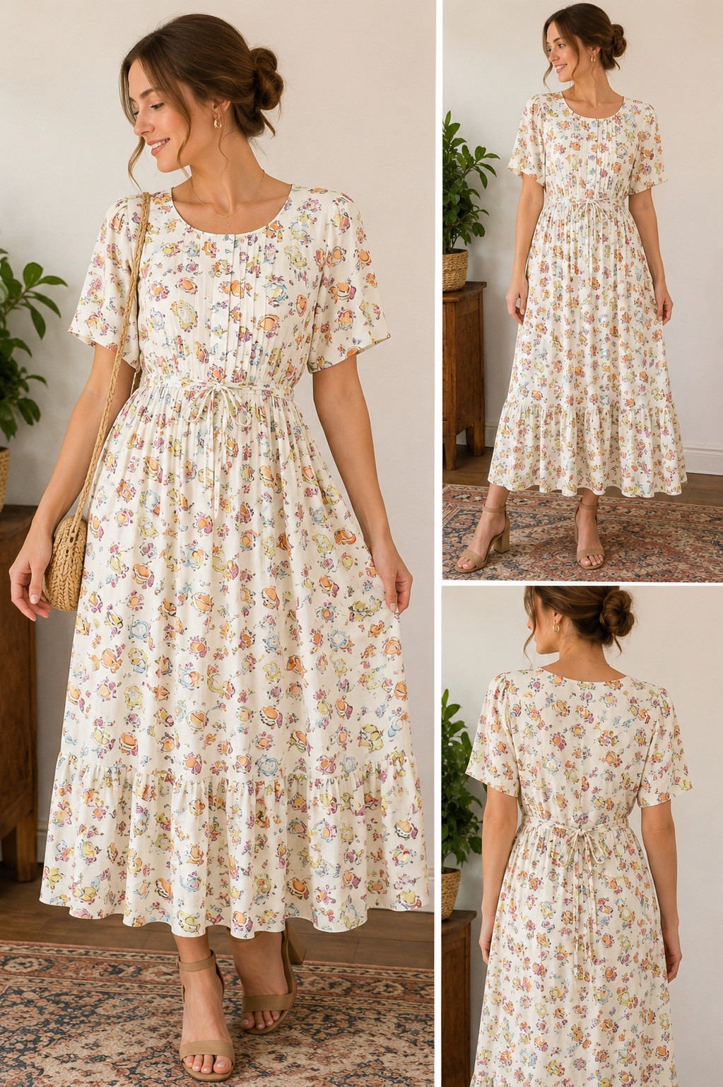 Karin Stevens Vintage Tea Party Print Midi Dress Size 12 Cottagecore Prairie