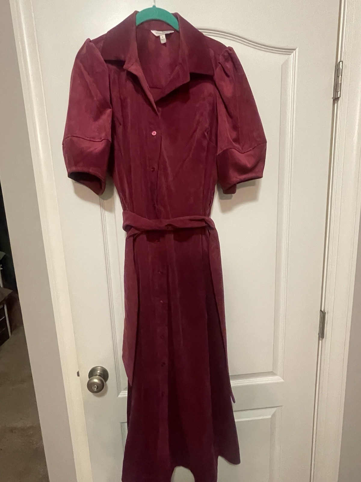 Crown & Ivy Burgundy Belted Collared Midi Shirt Dress Short Puff Sleeve Size M