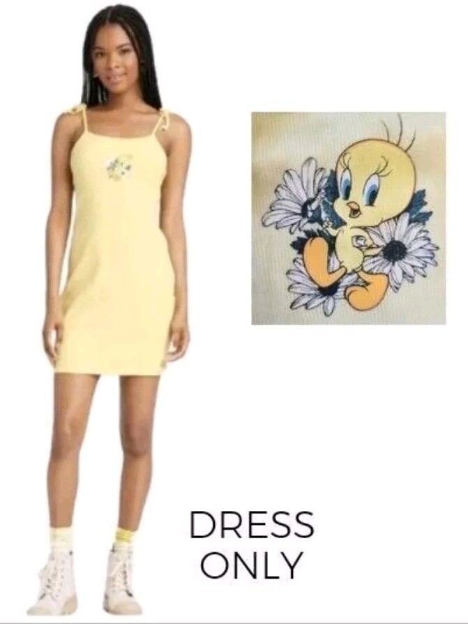 Looney Tunes Tweety Bird Bodycon Dress XL Yellow Sleeveless Sundress Ribbed Kni