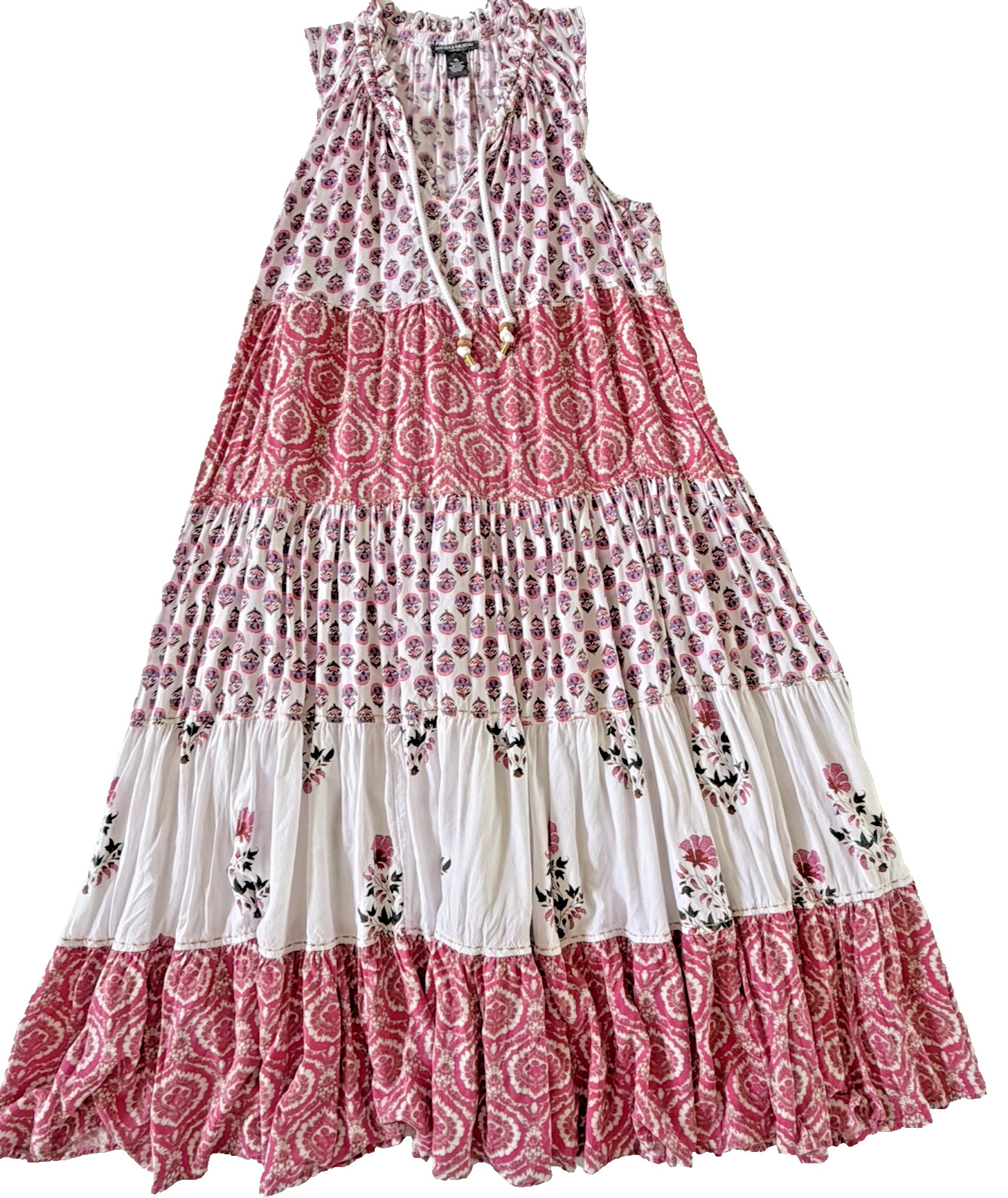 Chelsea & Theodore Boho Pink Maxi Dress Women’s XL Sleevless Tiered Mixed Prints