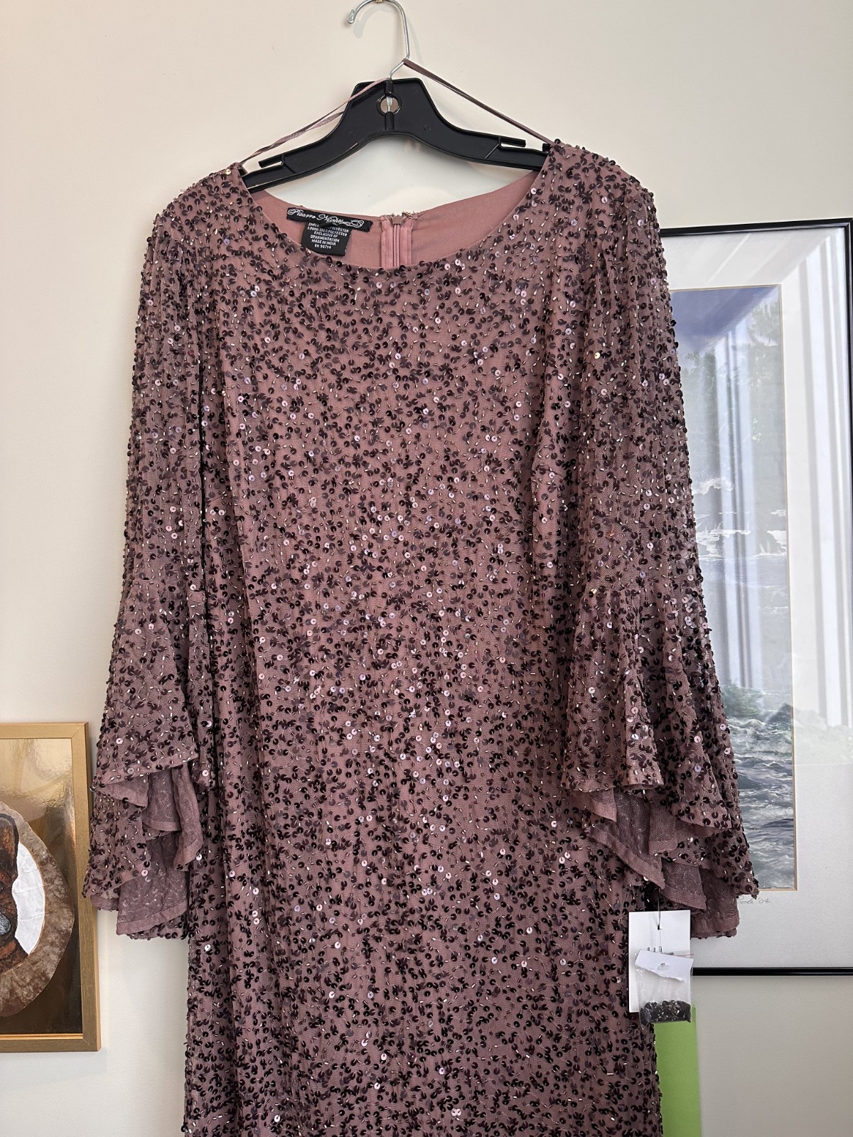 Pisarro Nights Formal Sequin Gown Size 14W Color Chocolate 3/4 Sleeves