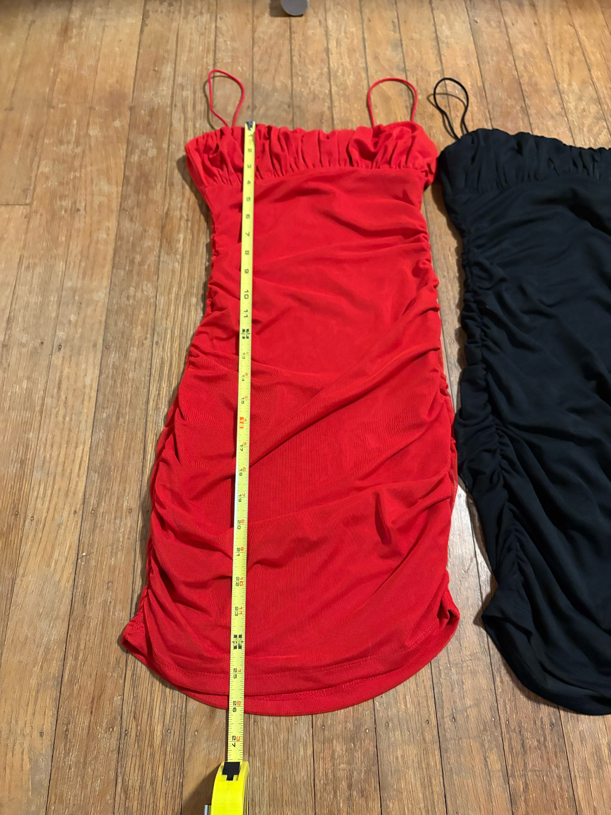 Women’s Solid Ruched Mesh Bodycon Spaghetti Strap Mini Dress Red or Black US2
