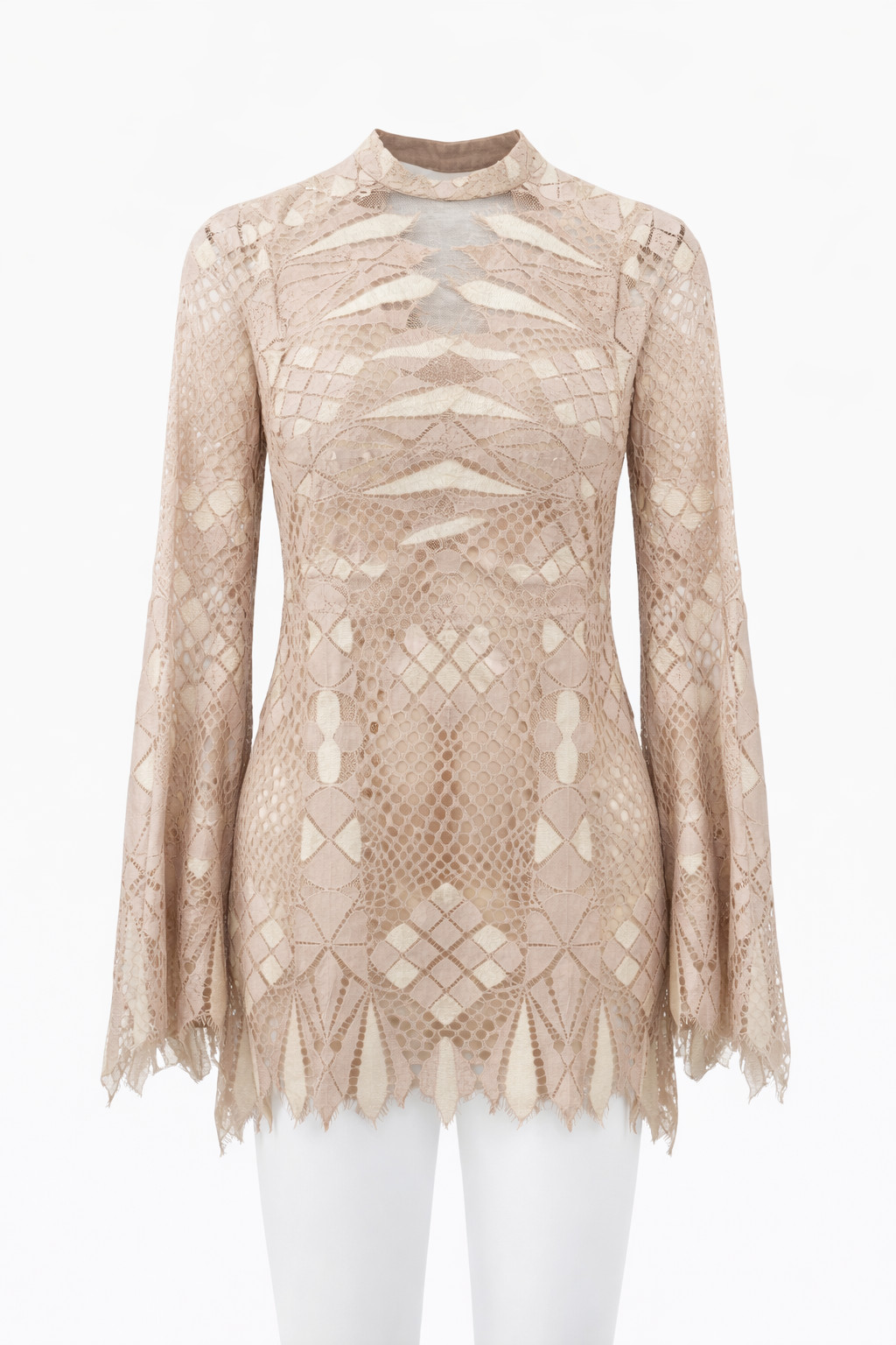 Free People Dress Mid Thigh Light Rose Lace Knit Lining Long Bell Sleeve Size 4