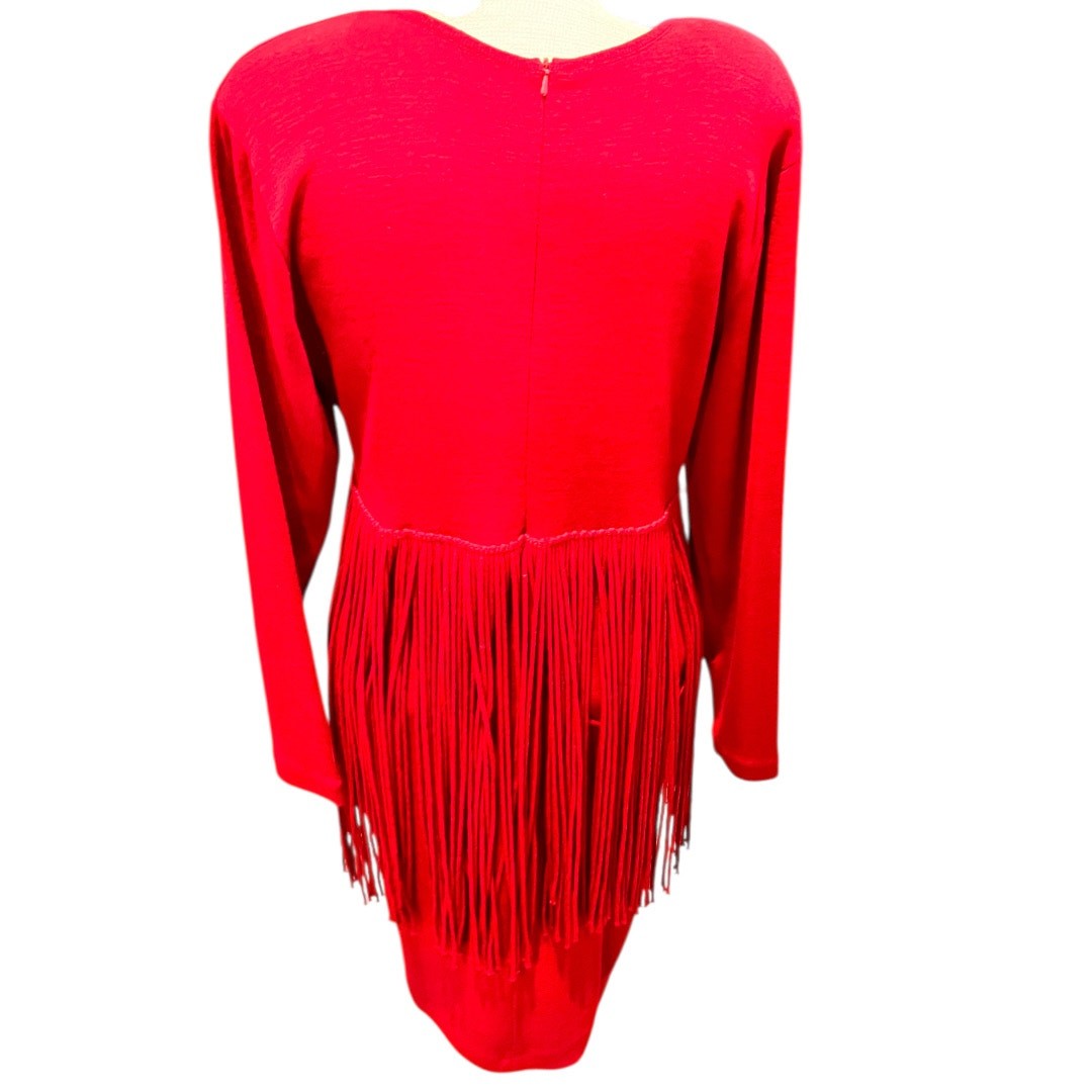 RARE Size L Vintage Andrea Jovine Wool Dress Short Fringed Dress Long Sleeve Red